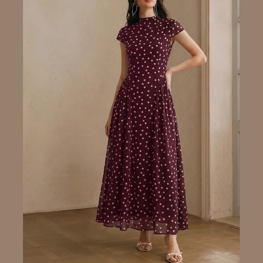 Burgundy Polka Dot Cap Sleeve Stand Collar Maxi Dress